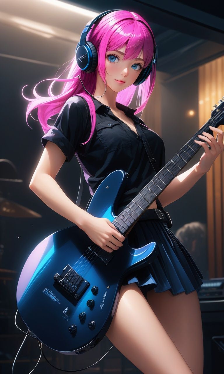 anime, 8k, high resolution, 1girl, solo, ((cinematic light)), colorful, hyper detail, dramatic light, intricate details, best quality, (wallpaper, masterpiece, best quality, ultra-detailed, best shadow), (detailed background:1.4), (beautiful detailed face, beautiful detailed eyes), high contrast, (best illumination, an extremely delicate and beautiful), black skirt, blue eyes, electric guitar, guitar, headphones, holding, holding plectrum, instrument, long hair, music, one side up, pink hair, playing guiter, pleated skirt, black shirt, indoors ((caustic)), dynamic angle,beautiful detailed glow,full body, cowboy shot