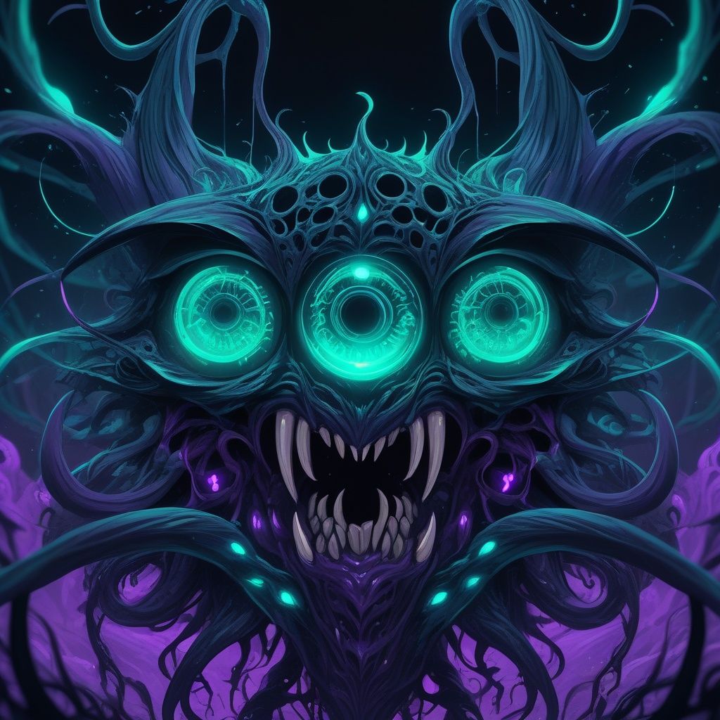 anime, (intricate details), (), eldritch, (nightmare), purple, (teal:1.1), (black:0.9), insane, horror \(theme\), glow, glowing eyes, 8k, high resolution