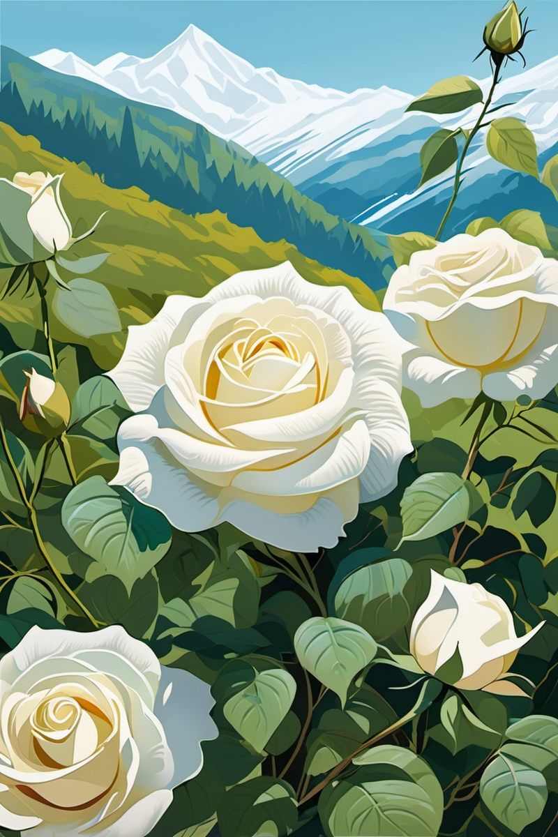 Close-up of White Rose 2:3,Details of roses,Sea of white roses,Green branches and leaves,Low, snow-capped mountains in the distance,sunny clear sky,Expanse of blue sky 1:3,A small number of white clouds