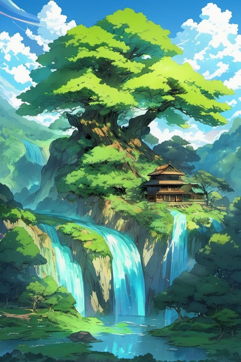 A huge ancient tree（（Glowing spirit tree、with light glowing））、illumination、thatched hut、springtime、jungles、lakes、grassy fields、Rochas、hot onsen、hydrosphere、surrounded by cloud,