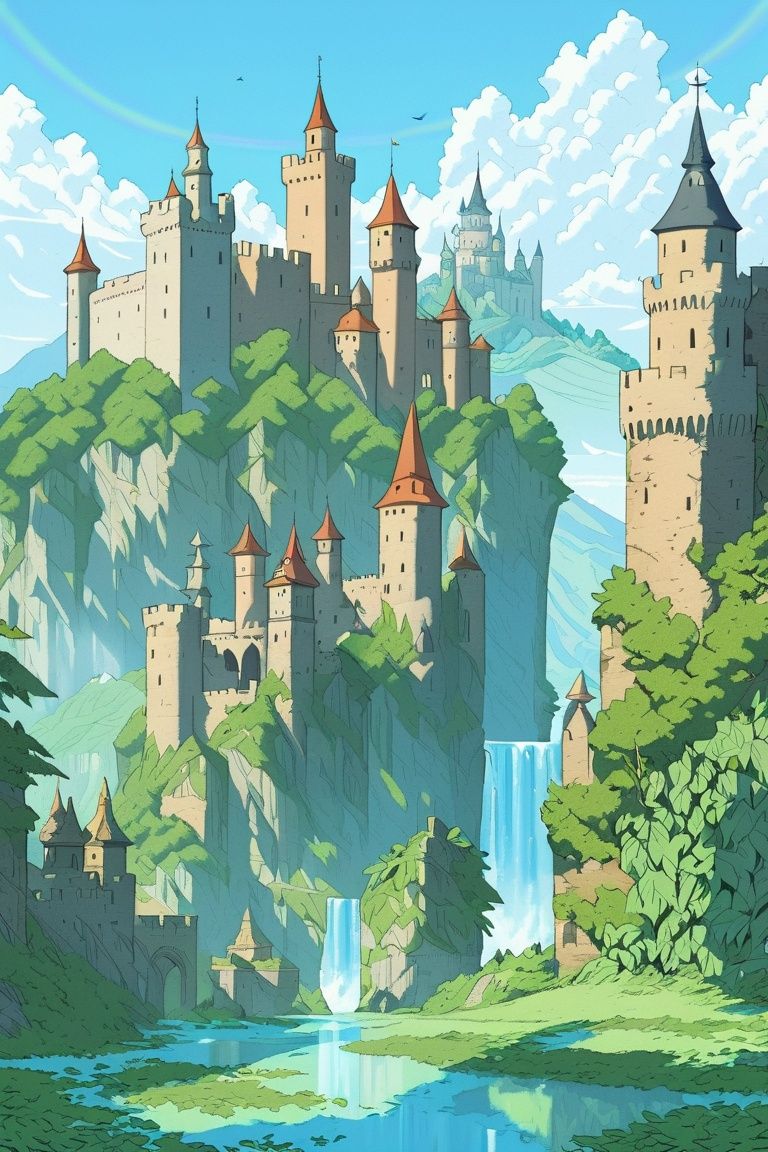 no humans, sky, scenery, outdoors, cloud, day, blue sky, tree, nature, tower, plant, leaf, mountain, castle, landscape, water, ocean