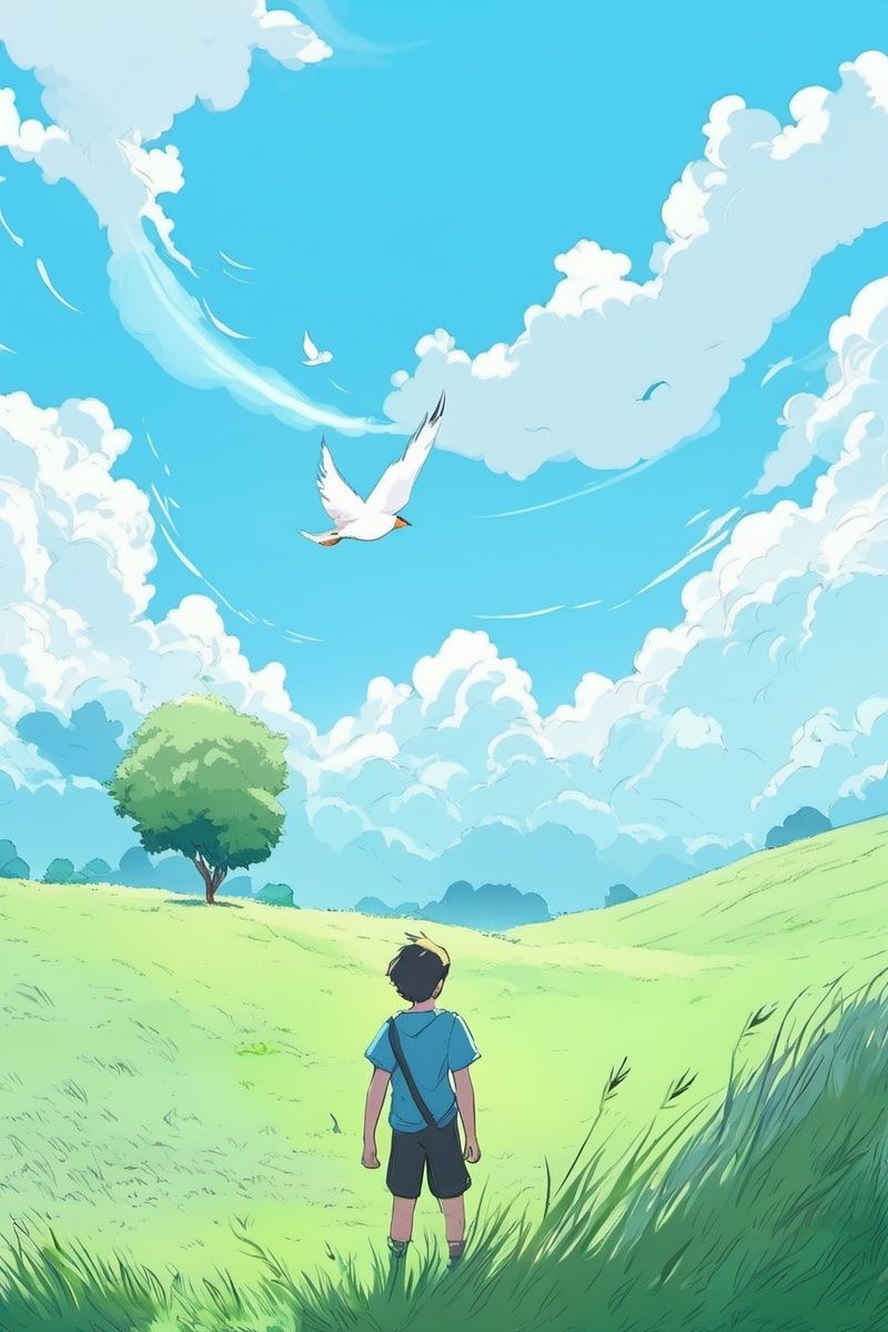 sky, outdoors, tree, cloud, scenery, grass, day, blue sky, 1boy, bird, signature, standing, wide shot,