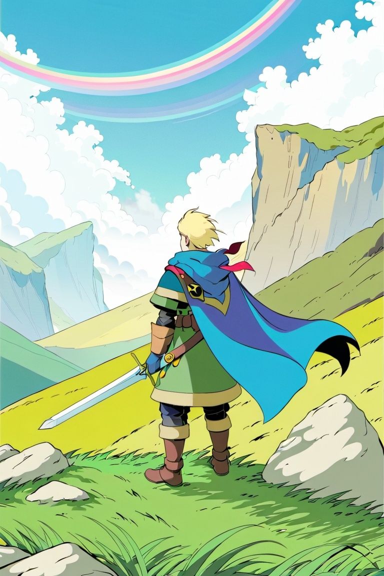 outdoors, 1boy, cloud, sky, grass, solo, male focus, day, blonde hair, cape, rock, green cape, weapon, boots, sword, blue sky, brown footwear, from behind, brown gloves, standing, sheath, border, cloudy sky, gloves, pants