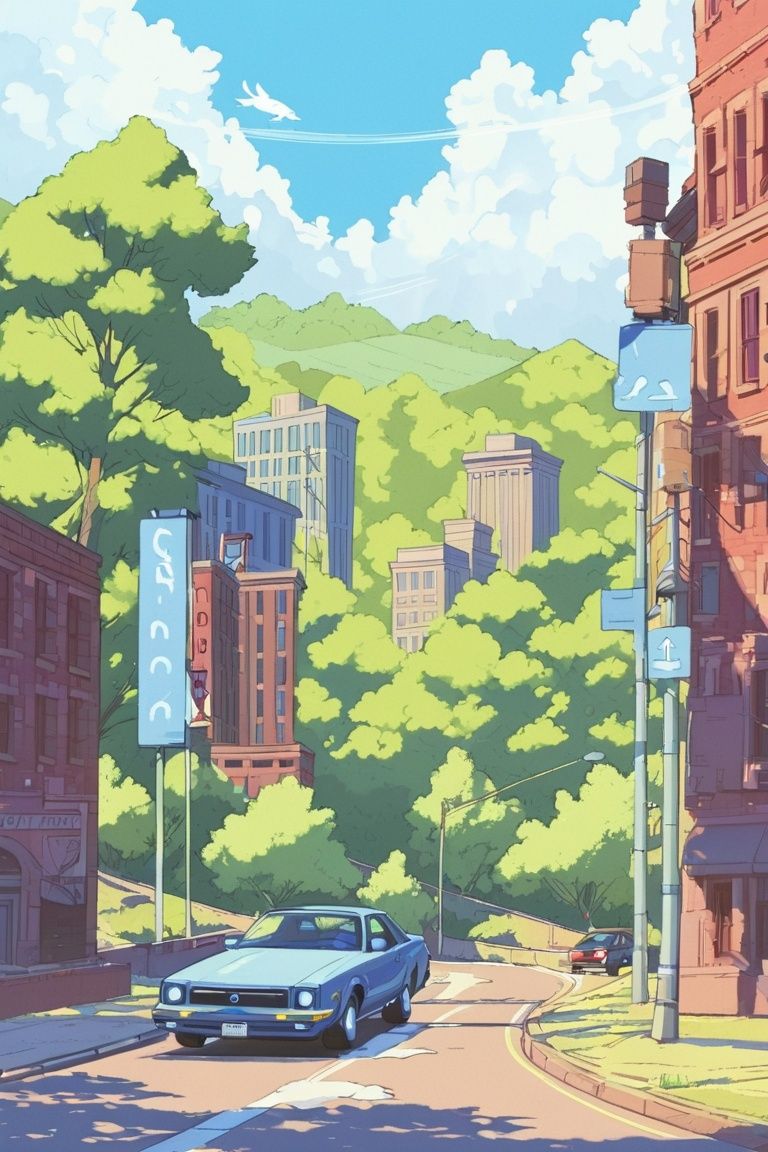 outdoors, car, scenery, motor vehicle, tree, road, sky, no humans, building, day, cloud, sign, street, road sign, blue sky, city, signature
