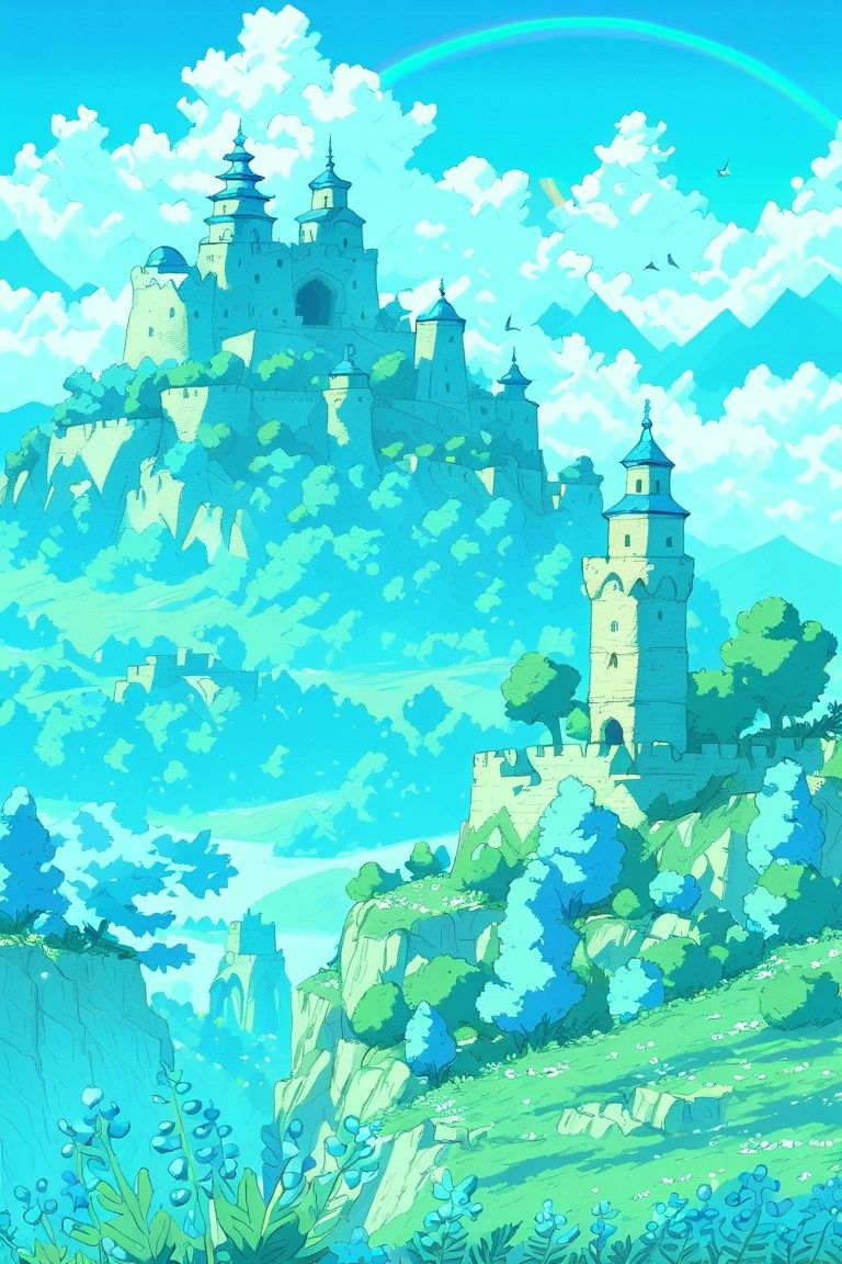 no humans, sky, scenery, outdoors, cloud, day, blue sky, tree, nature, tower, plant, leaf, mountain, castle, landscape, water, ocean
