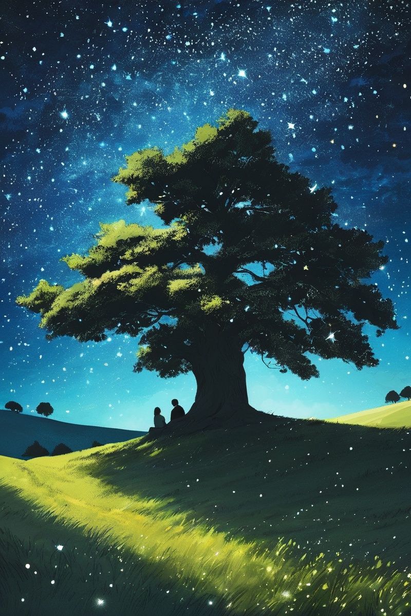 um campo aberto com grama alta. No centro do campo, Draw a majestic tree with extended branches. In the night sky, desenhe uma lua grande e brilhante. Fill the sky with several twinkling stars, espalhando-os aleatoriamente. Para adicionar um toque extra, You can add a small picturesque hut next to the tree,