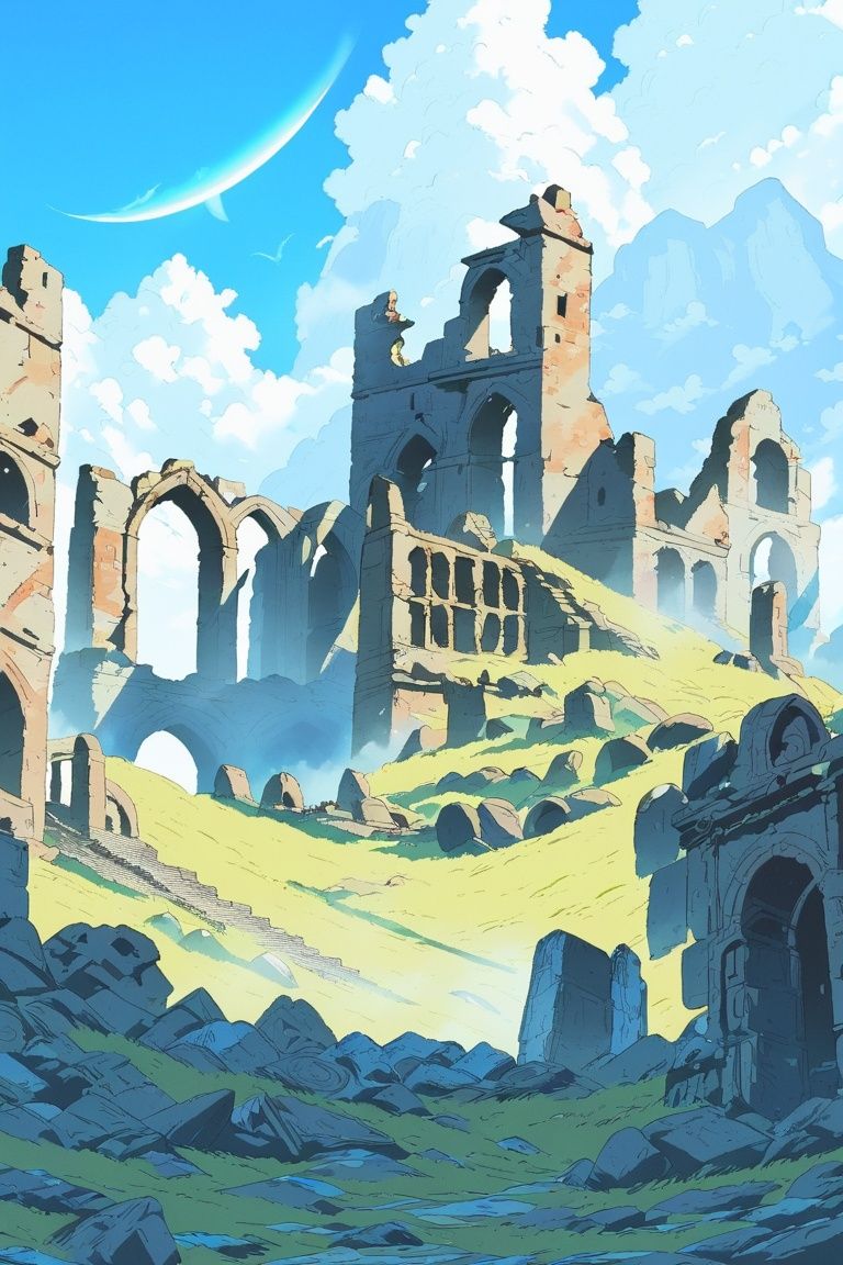blue sky, cloud, day, no humans, outdoors, rock, ruins, scenery, sky