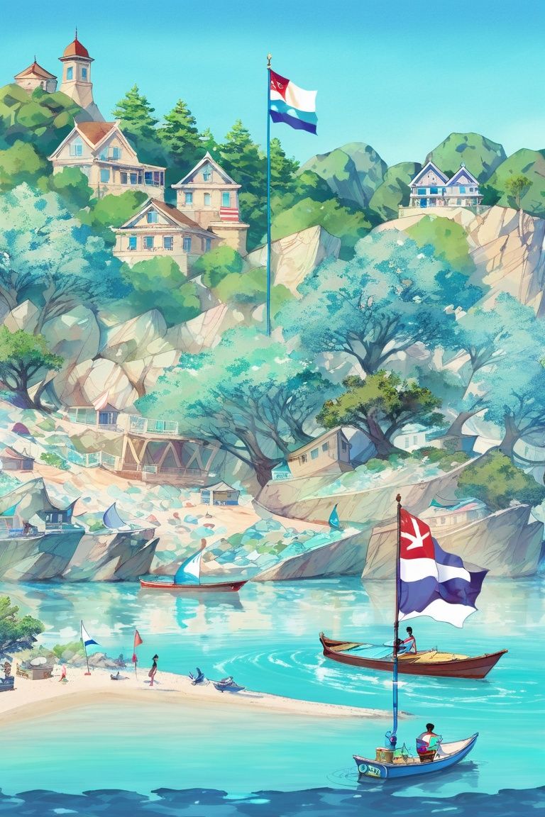 outdoors, boat, water, tree, watercraft, rock, scenery, building, ocean, flag, beach, river, day, <lora:EMS-19262-EMS:1>