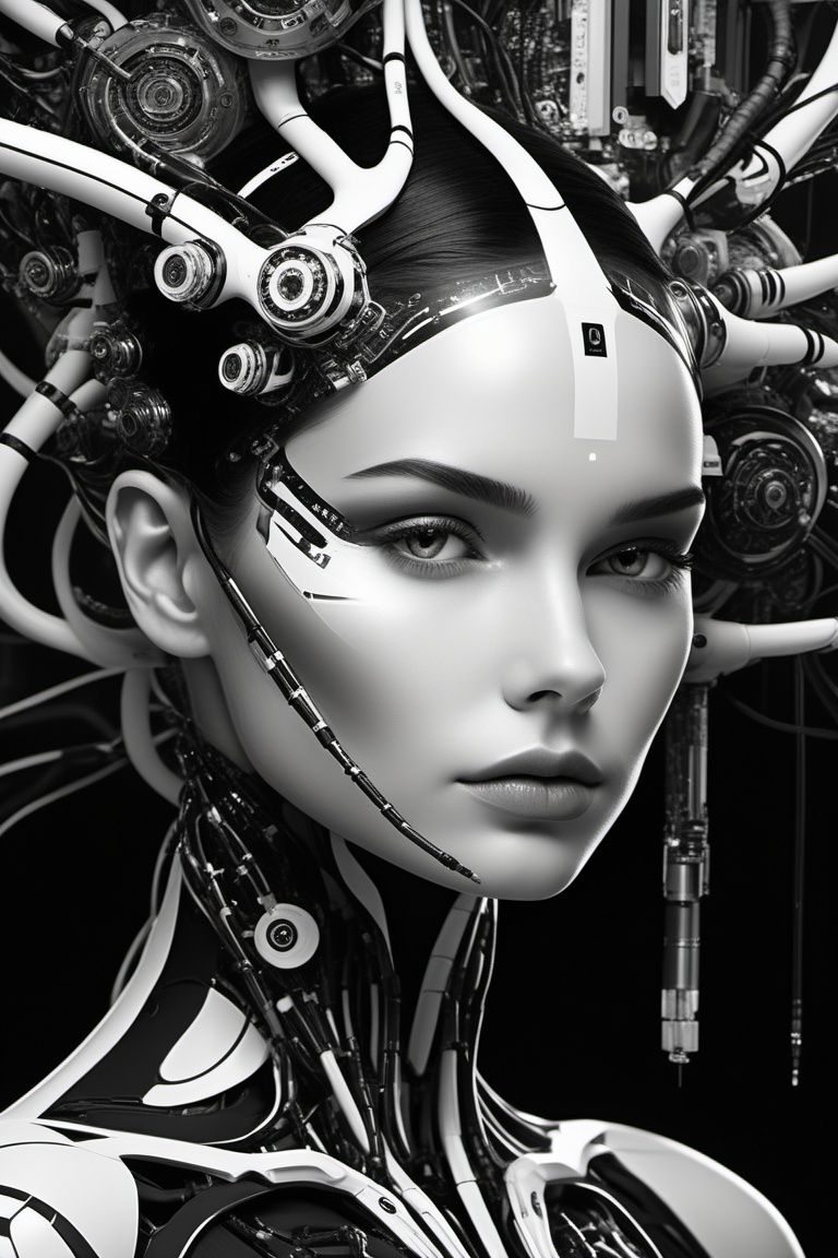 abstract expressionist painting black and white connected cyborg - plant goddess high quality photo,  microchip,  artifici...