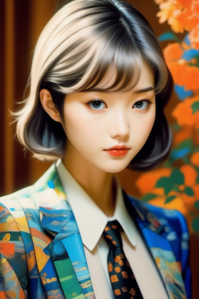 retro game art yoshitaka amano blurred and dreamy realistic three quarter angle portrait of a young woman with short hair...