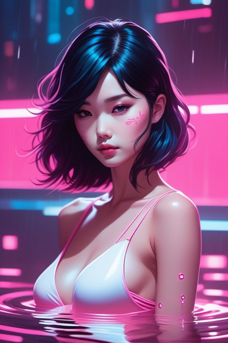 minimalist style lee jin - eun emerging from pink water in cyberpunk theme by ilya kuvshinov and peter mohrbacher,  and m....