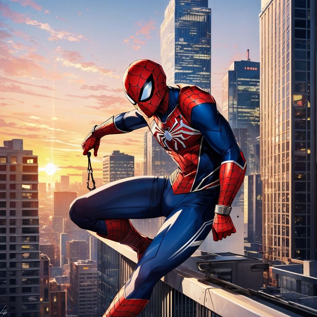 iconic superhero Spider-Man,  illustrated with meticulous attention to detail,  reflective surfaces catching the last rays...