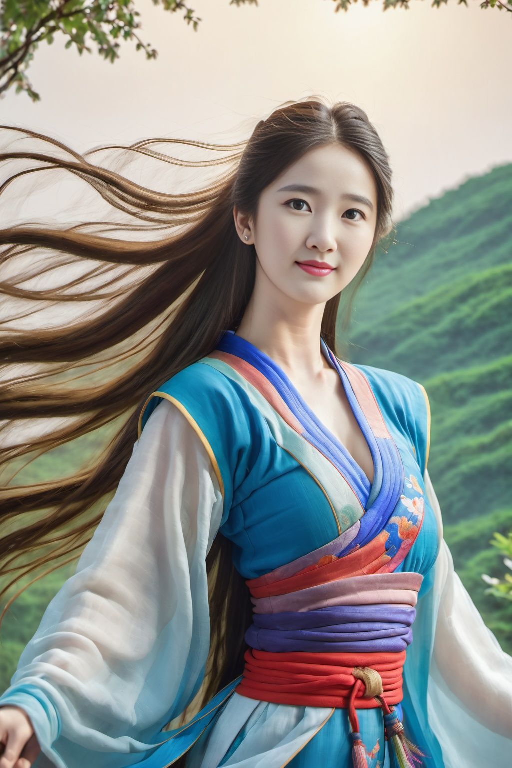 best quality,masterpiece,master works,smile,1 girl,solo,long hair,clear skin texture,captured on film,worm's eye view,colorful,multicolor,whole body,hard lighting,real,realistic,chest focus,huge bust,weak light,<lora:wxfgXL:1>,giant breast,chinese clothes,