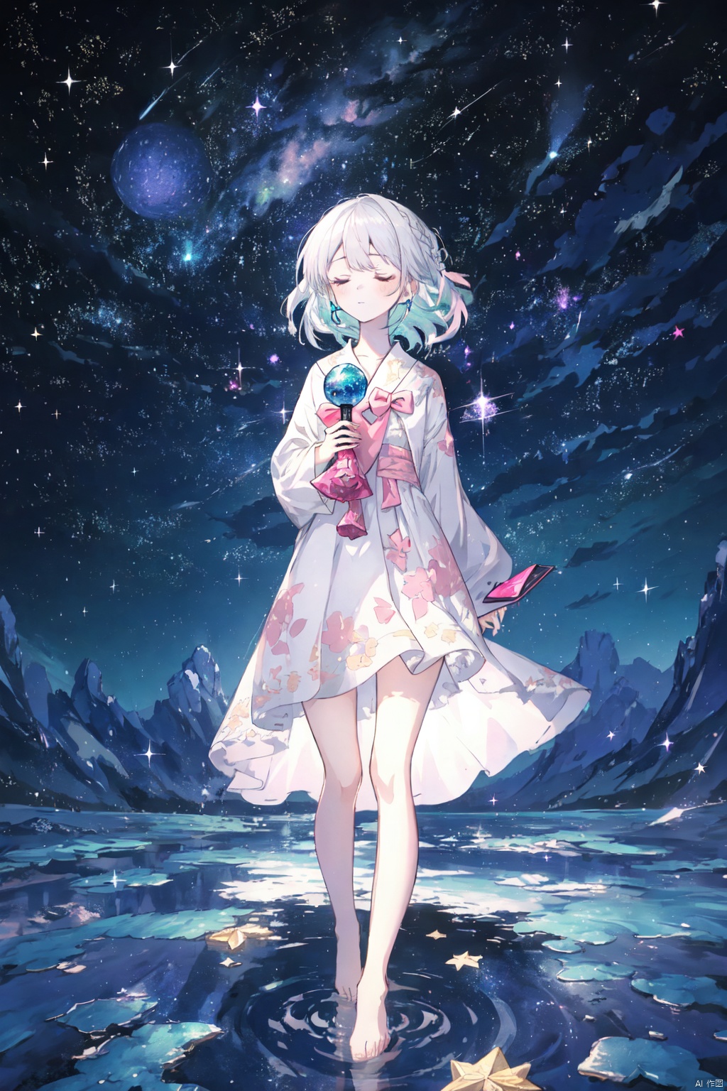  ((green, silver, glimmer,pink)), limited palette, contrast, phenomenal aesthetic, best quality, sumptuous artwork,
(masterpiece), (best quality), (ultra-detailed), (((illustration))), ((an extremely delicate and beautiful)), (detailed light), 1girl, cold theme, broken glass, broken wall, ((an array of stars)), ((starry sky)), the Milky Way, star, Reflecting the starry water surface, (1girl:1.3)aqua theme, white hair, blinking, white dress, closed mouth, constel lation, flat color, noline art, full Glass sphere, girl inside glass sphere, white hair, braid, blinking, white robe, bust \(sculpture\), barefoot, float, closed mouth, constel lation, flat color, holding, holding wand, looking up, standing, male focus, medium hair, standing, solo, space, universe, utaite(singer), Nebula, many stars,fanxing,sparkling dress, WuLight, backlight, houtufeng, sky