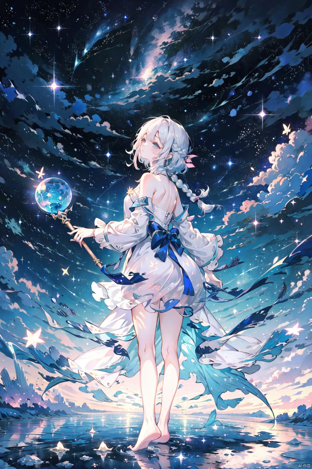  ((green, silver, glimmer,pink)), limited palette, contrast, phenomenal aesthetic, best quality, sumptuous artwork,
(masterpiece), (best quality), (ultra-detailed), (((illustration))), ((an extremely delicate and beautiful)), (detailed light), 1girl, cold theme, broken glass, broken wall, ((an array of stars)), ((starry sky)), the Milky Way, star, Reflecting the starry water surface, (1girl:1.3)aqua theme, white hair, blinking, white dress, closed mouth, constel lation, flat color, noline art, full Glass sphere, girl inside glass sphere, white hair, braid, blinking, white robe, bust \(sculpture\), barefoot, float, closed mouth, constel lation, flat color, holding, holding wand, looking up, standing, male focus, medium hair, standing, solo, space, universe, utaite(singer), Nebula, many stars,fanxing,sparkling dress, WuLight, backlight, houtufeng, sky