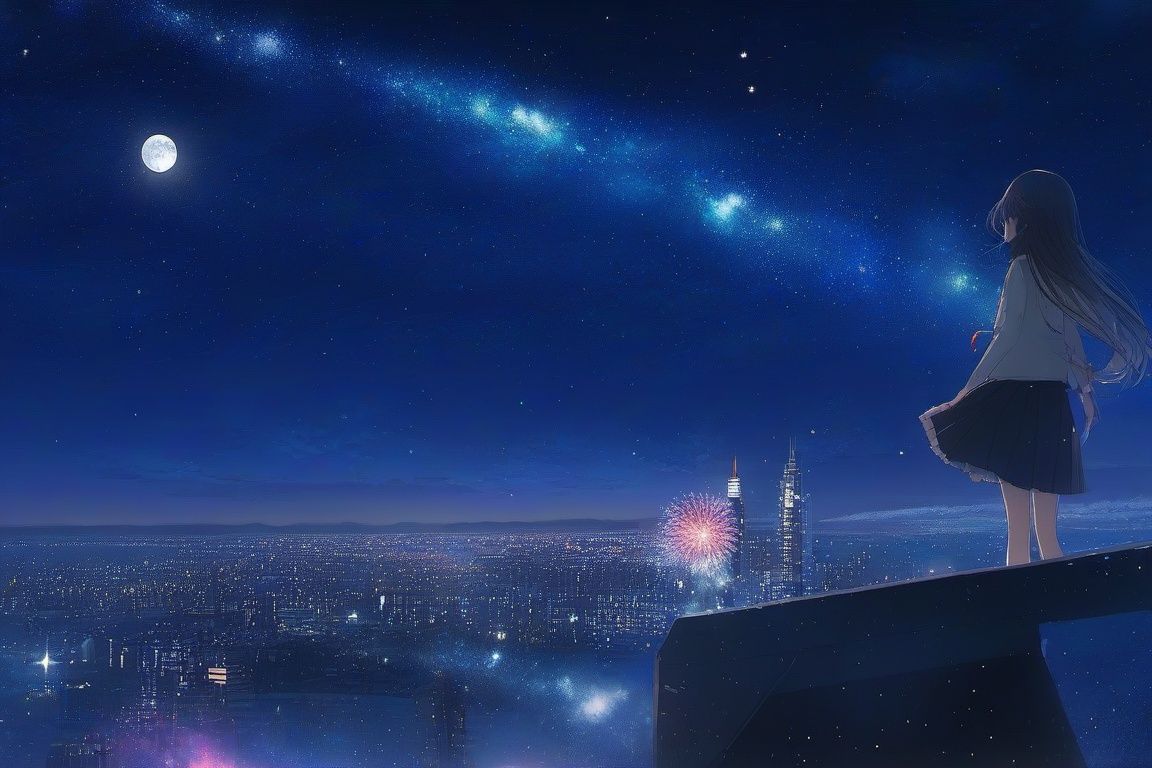 aurora, constellation, galaxy, light_particles, milky_way, night, night_sky, shooting_star, sky, space, star_\(sky\), starry_sky, starry_sky_print, city_lights, earth_\(planet\), fireworks, planet, tanabata, snowing, tanzaku, fireflies, crescent_moon, 1girl, aerial_fireworks, starry_background, telescope, moon, skyscraper, solo, cityscape, skyline, christmas_tree, twilight, school_uniform, star_\(symbol\), cloud, full_moon, moonlight, serafuku, own_hands_clasped, christmas_lights, snow, flower, skirt, own_hands_together, building, from_side, window, long_hair, black_skirt