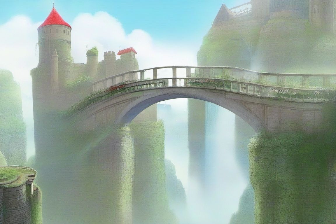 letterboxed, city, building, cityscape, ruins, castle, scenery, tower, 1girl, bridge, architecture, red_eyes, skyscraper, waterfall, fantasy, overgrown, day