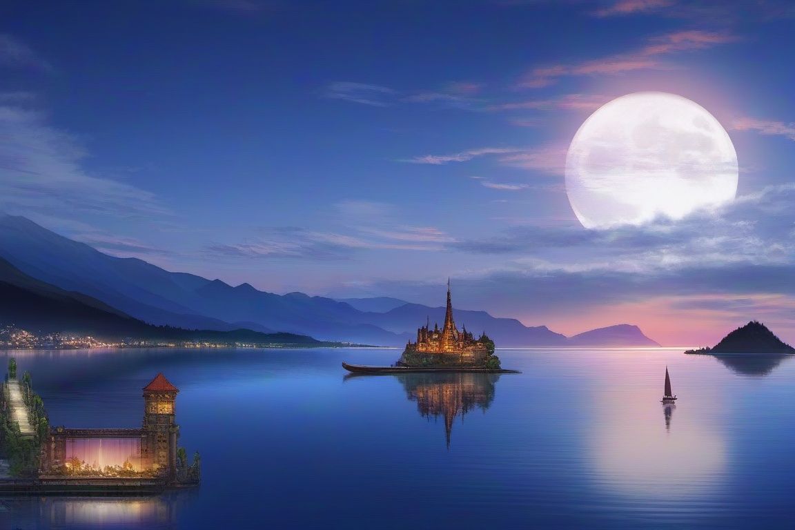 cloud, cloudy_sky, horizon, ocean, sky, sun, sunset, beach, moon, scenery, water, mountain, sunrise, planet, boat, lens_flare, island, tower, watercraft, full_moon, city, cityscape, shore, no_humans, waves, river, lake, outdoors, twilight, sunlight, above_clouds, landscape, fantasy, mountainous_horizon, pier, castle, dock, building