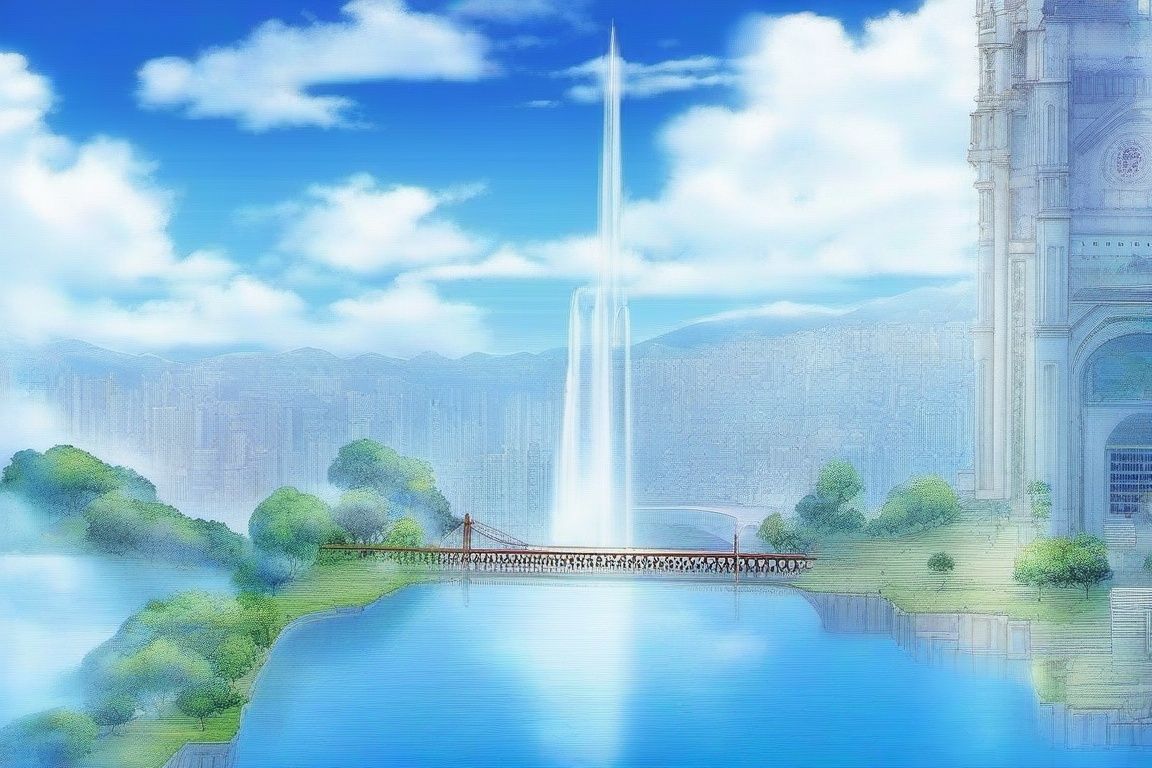 city, cloud, scenery, sky, cityscape, cloudy_sky, building, day, blue_sky, bridge, tower, tree, waterfall, water, skyscraper, outdoors, fantasy, no_humans, railing, architecture, rooftop, mountain, fountain, gate, clock, ocean, skyline