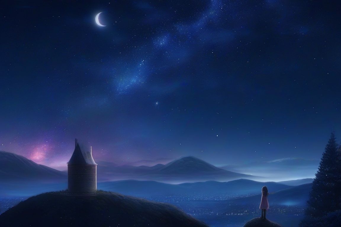 cloud, night, night_sky, shooting_star, sky, star_\(sky\), starry_sky, city_lights, cityscape, milky_way, city, skyscraper, building, galaxy, snowing, space, aurora, cloudy_sky, skyline, twilight, moon, snow, scenery, constellation, light_particles, planet, crescent_moon, starry_sky_print, castle, tower, outdoors, 1girl, mountain, dusk, ruins, town, campfire, chimney, sunset