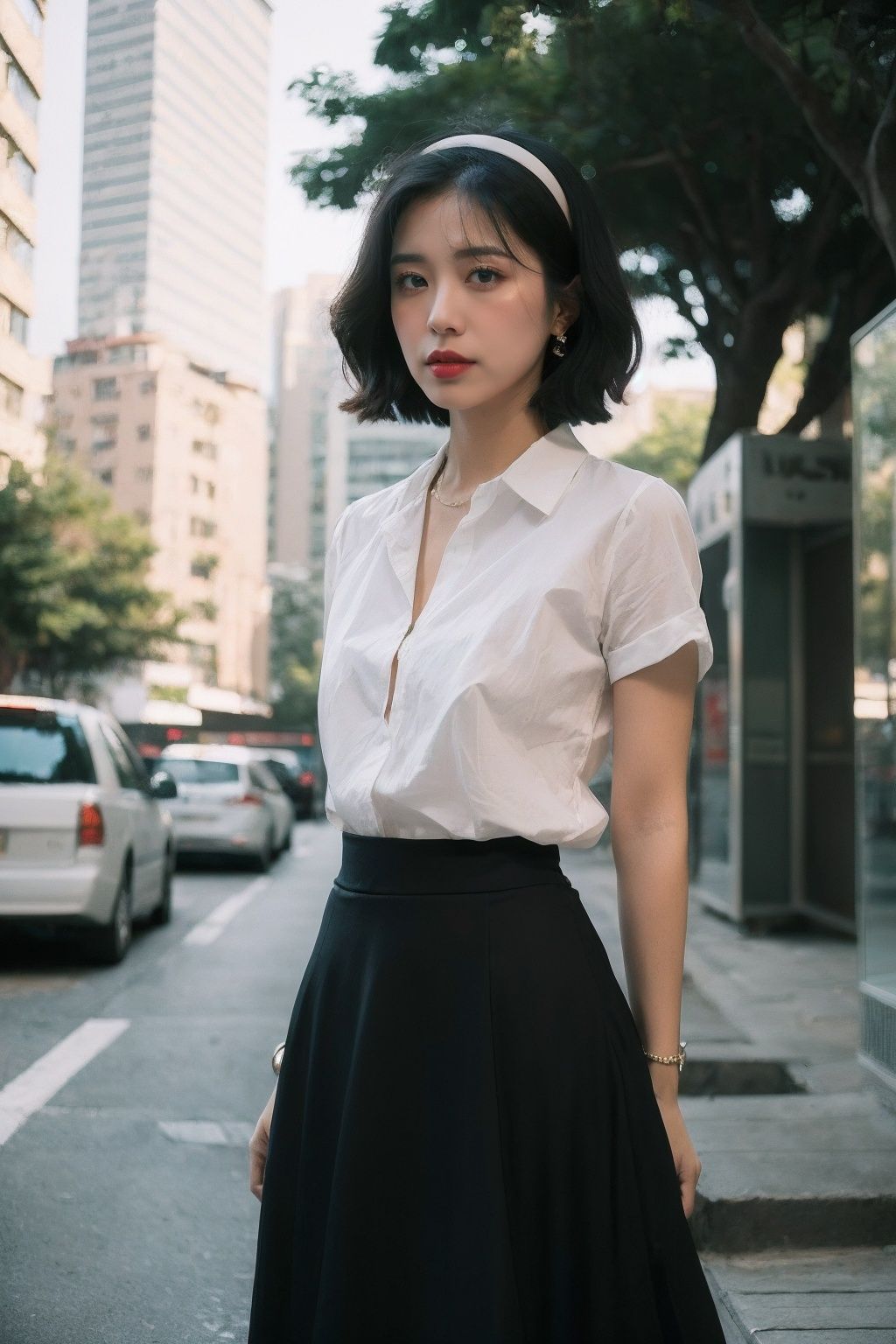 Best Quality,Masterpiece,Ultra High Resolution,(Realisticity:1.4),Original Photo,Cinematic Lighting,HongKong style,HongKong, 1girl, solo, photo background, long skirt, skirt, jewelry, outdoors, white skirt, black hair, arms behind back, looking at viewer, short hair, bracelet, tree, hairband, shirt, standing, blurry, ground vehicle