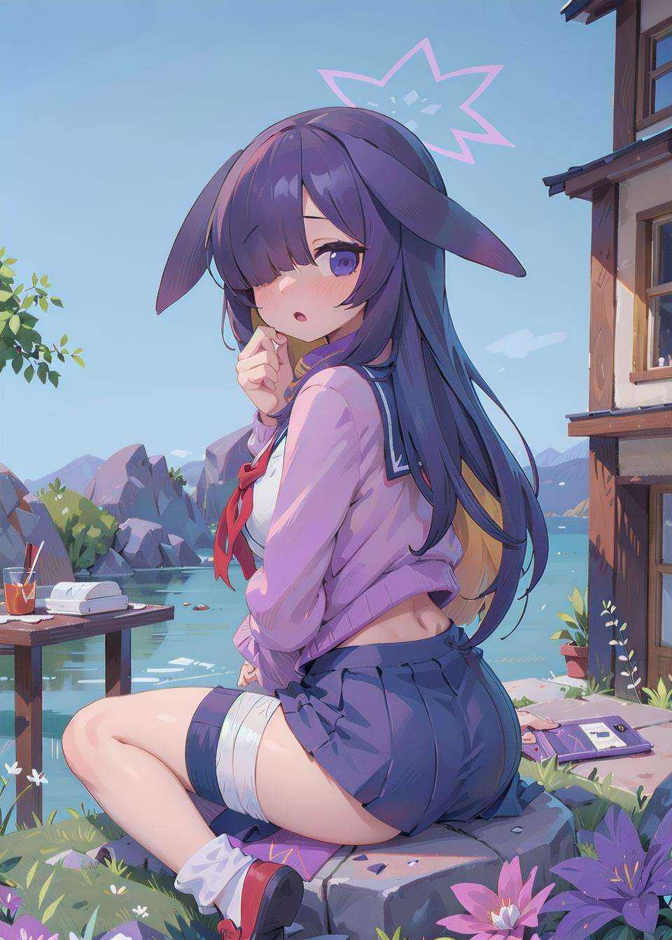 <lora:tsukuyo_v1.0:0.7>,tsukuyo\(blue archive\),long_hair,purple_hair, purple_eyes,hair_over_one_eye, halo,long dress, serafuku,sailor_collar,fishnets, neckerchief,cardigan, bandaged_leg,outdoors, blush,  from behind, sitting, looking at viewer,, masterpiece, best quality, extremely detailed face, sharp details, high contrast,