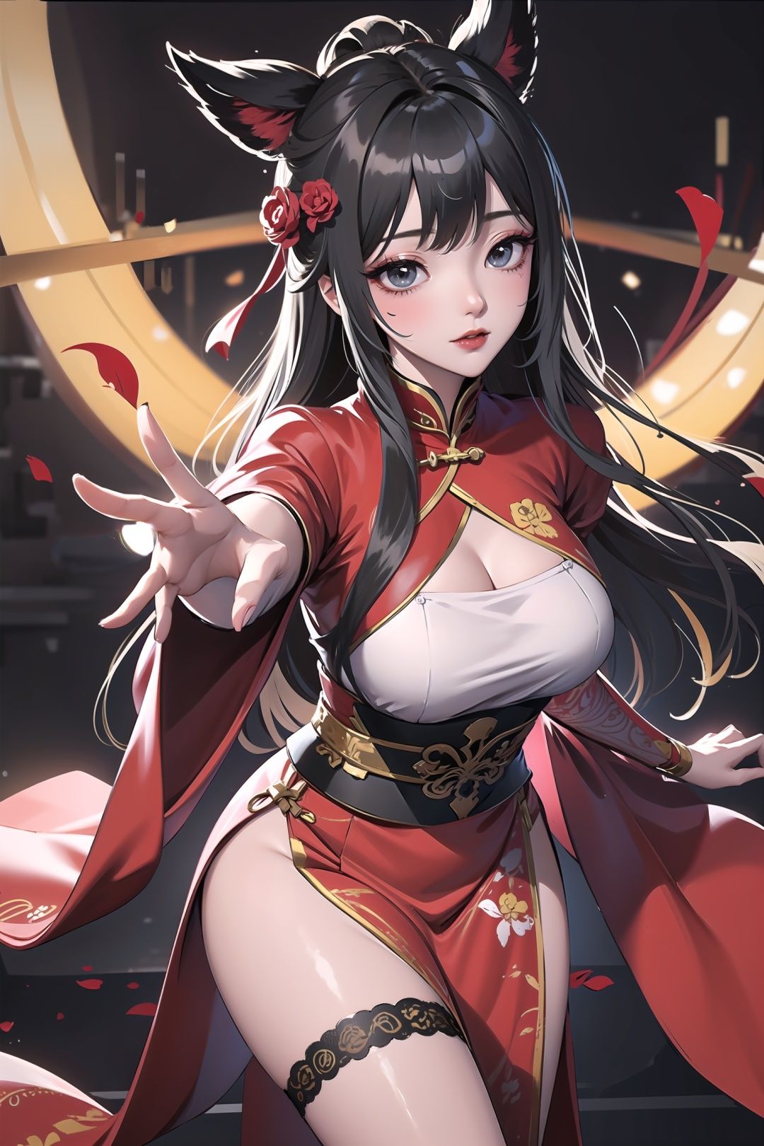 best quality,masterpiece,looking down,east asian architecture, Blur, depth of field,extreme close-up,1gril,solo,jewelry, long hair,black hair,hanfu,ancient makeup,red makeup,Tattoo,, Epic ink bending shot, POV view, First person,solo, performing, on the stage, exaggerated perspective, Chinese style<lora:Super_Face_Science:0.6>