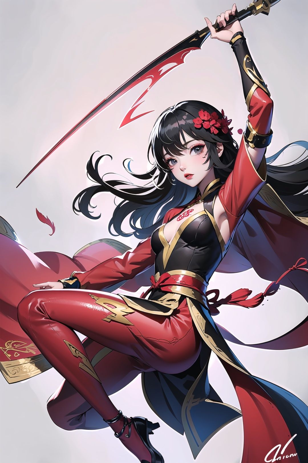 Original,very detailed wallpaper,very detailed illustrations,flowers,1gril,jewelry, long hair,black hair,blue hanfu,ancient makeup,red makeupTattoo,Tattoo,combat,(thunder and Aegis:1.2),blue theme, ice, solemn, Complex texture,tassel,martial art,Daemon,(jump:1.3),from side,arm up, ribbon<lora:Super_Face_Science:0.6>