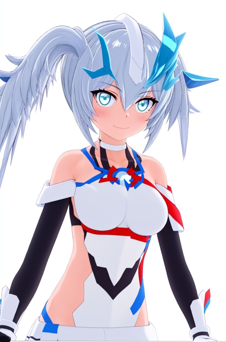 Blazar, 1girl, genderswap \(mtf\), genderswap, solo, breasts, looking at viewer, bare shoulders, twintails, white background, simple background, bangs, humanization, closed mouth, upper body, leotard, long hair, headgear, medium breasts, standing, glowing, covered collarbone, gloves, horns, collarbone, halterneck, smile, shiny, white choker, black gloves, cowboy shot, elbow gloves, <lora:（布莱泽奥特曼v2）Blazar:1>, 