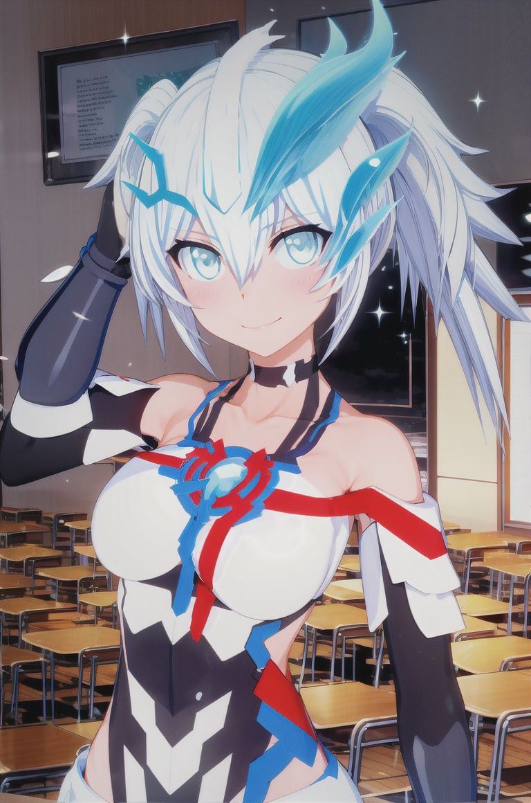 Blazar, 1girl, genderswap \(mtf\), genderswap, solo, breasts, looking at viewer, bare shoulders, twintails, white background, simple background, bangs, humanization, closed mouth, upper body, leotard, long hair, headgear, medium breasts, standing, glowing, covered collarbone, gloves, horns, collarbone, halterneck, smile, shiny, white choker, black gloves, cowboy shot, elbow gloves, , 