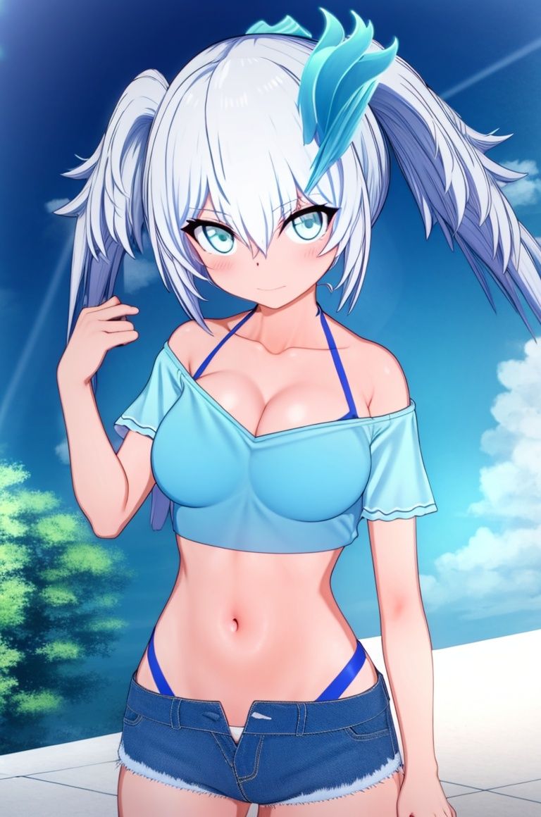 Blazar, 1girl, shorts, breasts, solo, navel, looking at viewer, swimsuit, twintails, blue shirt, hair ornament, cleavage, midriff, outdoors, blue bikini, bikini under clothes, red shorts, cowboy shot, short sleeves, crop top, collarbone, standing, closed mouth, thighs, medium breasts, bangs, highleg, <lora:（布莱泽奥特曼v2）Blazar:1>, 