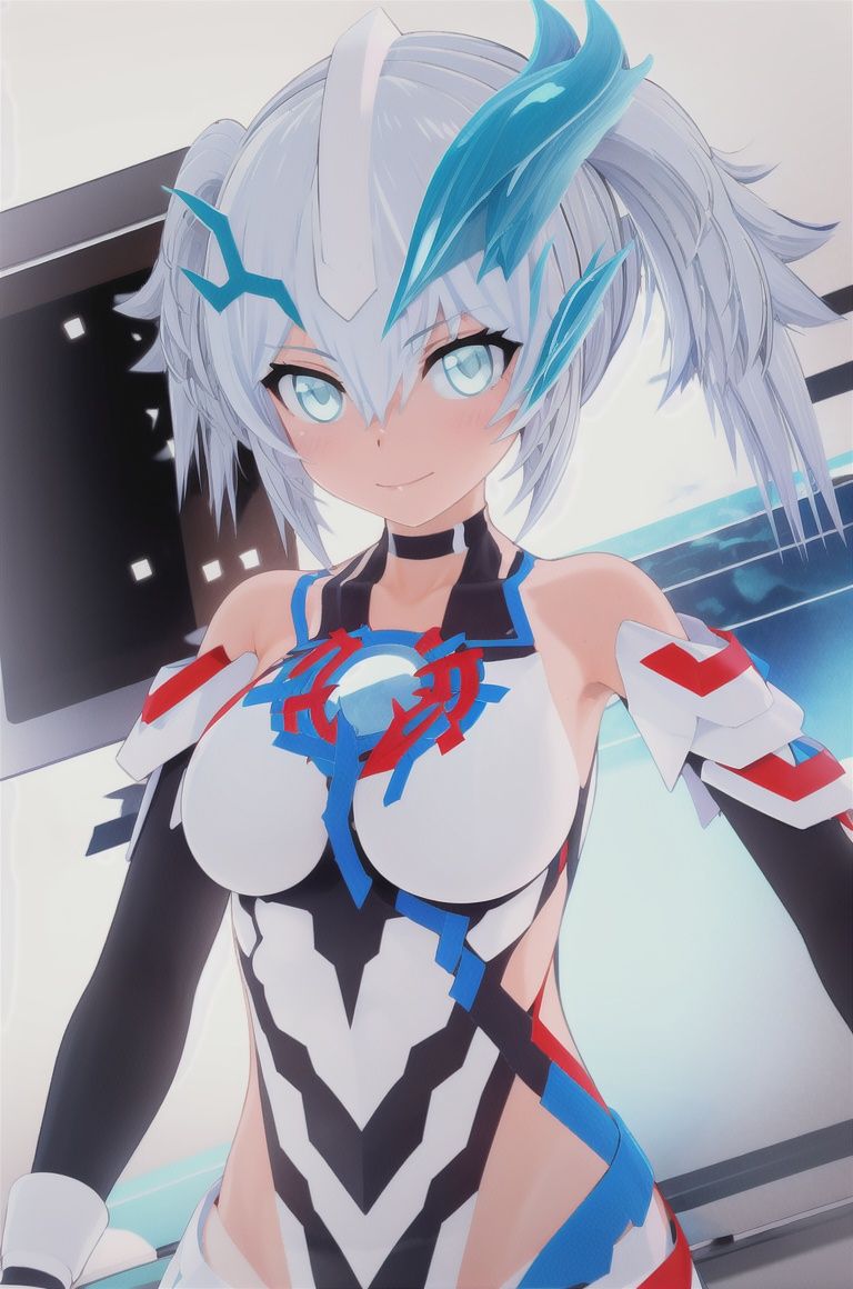 Blazar, 1girl, genderswap \(mtf\), genderswap, solo, breasts, looking at viewer, bare shoulders, twintails, white background, simple background, bangs, humanization, closed mouth, upper body, leotard, long hair, headgear, medium breasts, standing, glowing, covered collarbone, gloves, horns, collarbone, halterneck, smile, shiny, white choker, black gloves, cowboy shot, elbow gloves, , 