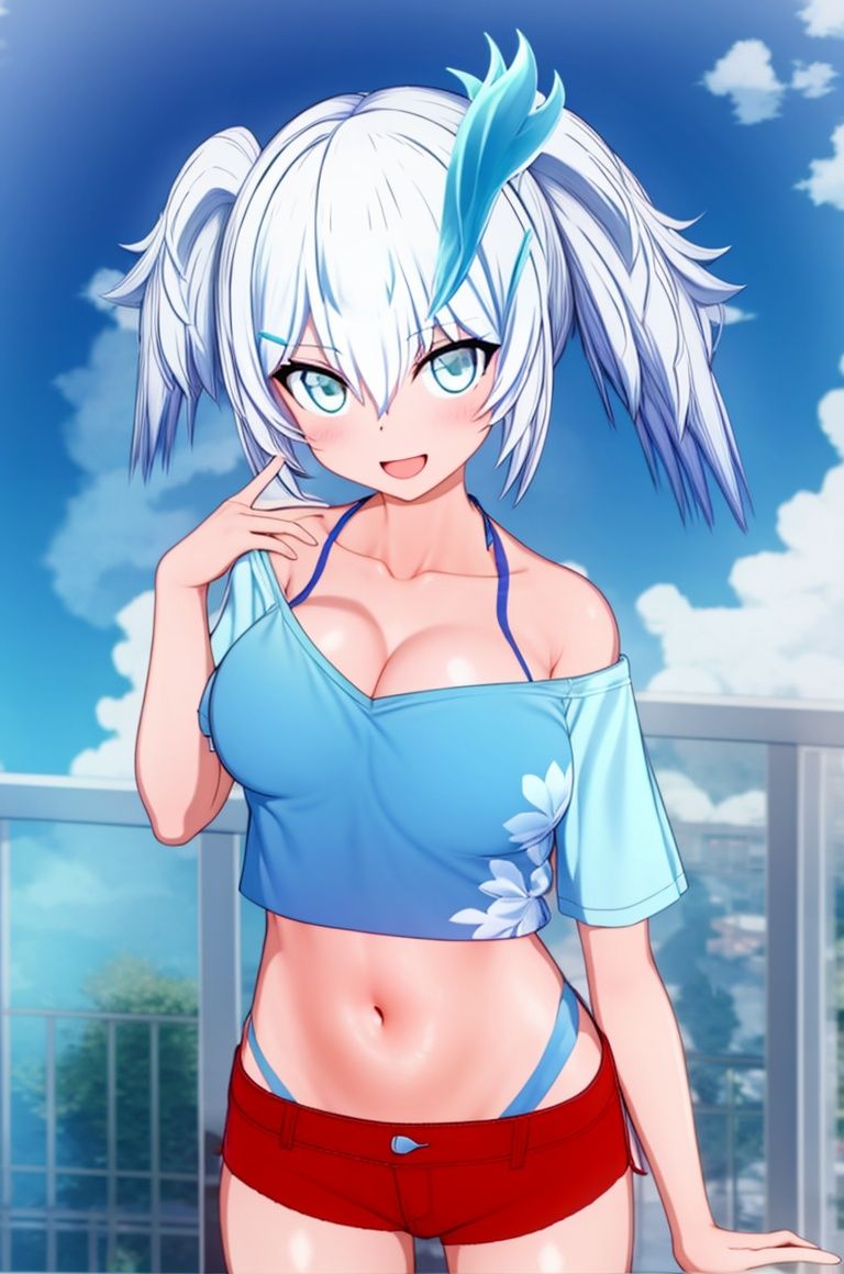 Blazar, 1girl, solo, breasts, shorts, navel, shirt, sky, cloud, looking at viewer, swimsuit, short shorts, twintails, smile, bikini, hair ornament, day, midriff, cleavage, open mouth, collarbone, outdoors, off shoulder, off-shoulder shirt, bangs, blue bikini, micro shorts, long hair, bikini under clothes, hairclip, medium breasts, red shorts, short sleeves, cloudy sky, thighs, bare shoulders, crop top, standing, railing, stomach, blue shirt, shiny skin,<lora:（布莱泽奥特曼v2）Blazar:1>