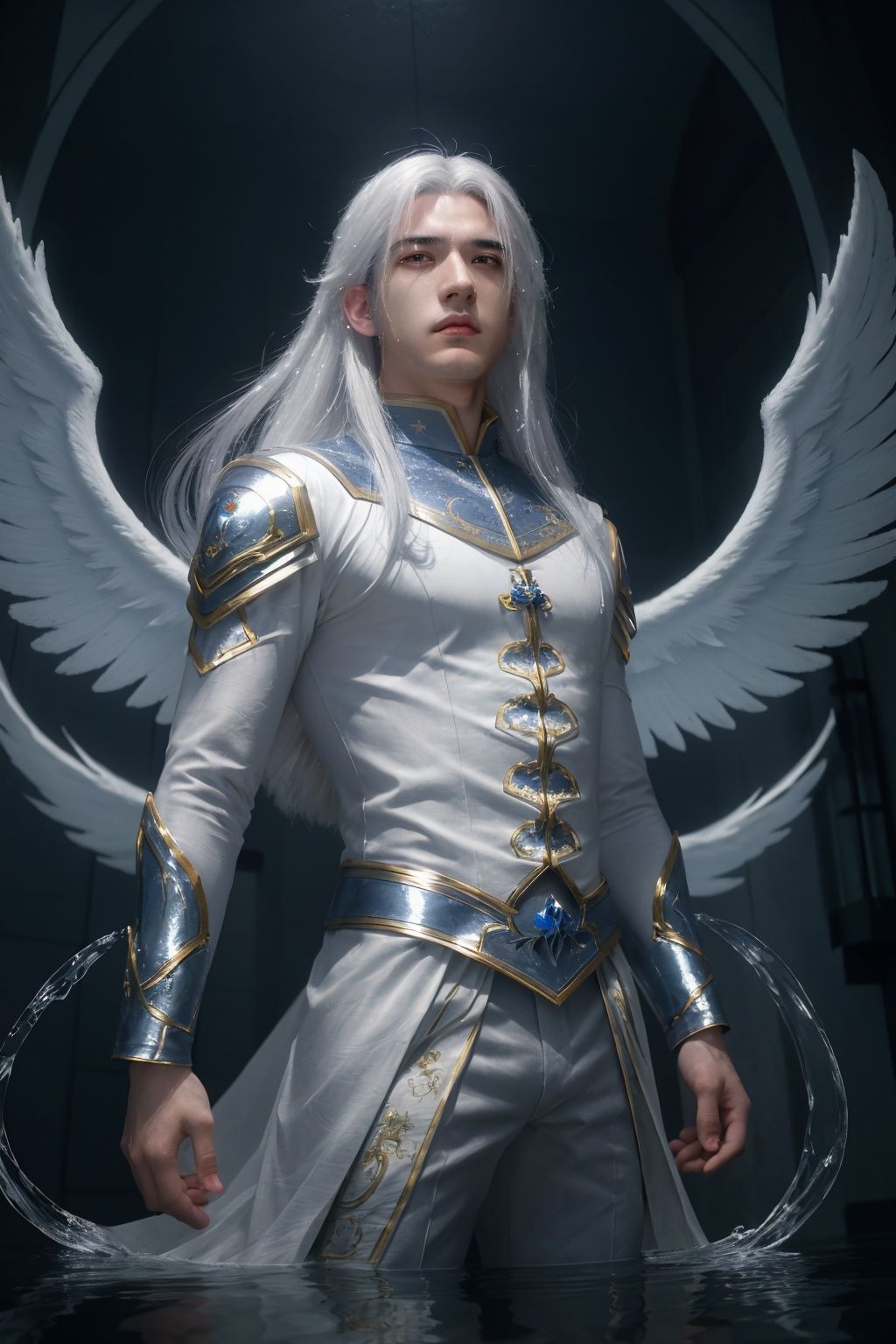 masterpiece, best quality,reflecting lights in background,cinematic lighting, cinematic atmosphere,,1boy, *****, man,, (long white hair:1), (mahou shoujo,), solo, looking down, detailed background, detailed face, shiny, dynamic pose,water sprit, <lora:xiangrong-000008:0.8>