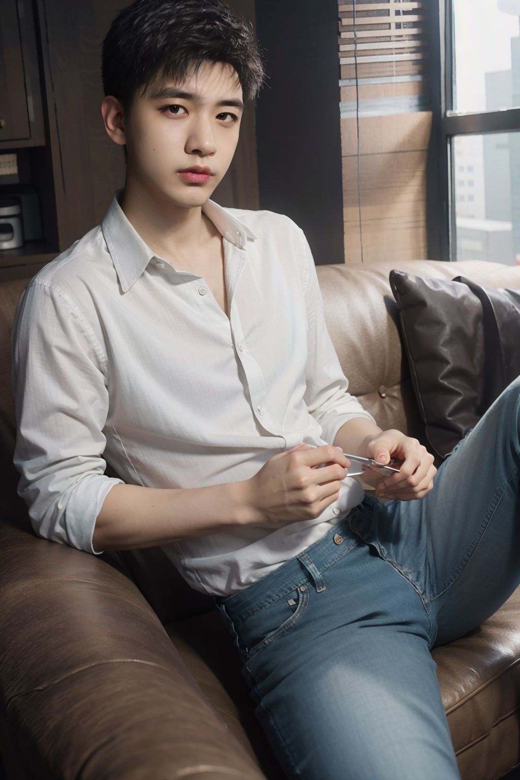 24mm，male focus, solo, 1 boy, shirt, white shirt, simple background, pants,,pubic hair，(masterpiece:1,2), best quality, masterpiece, highres, original, extremely detailed wallpaper, perfect lighting,(extremely detailed CG:1.2), Ripped jeans， <lora:xiangrong-000008:0.8>