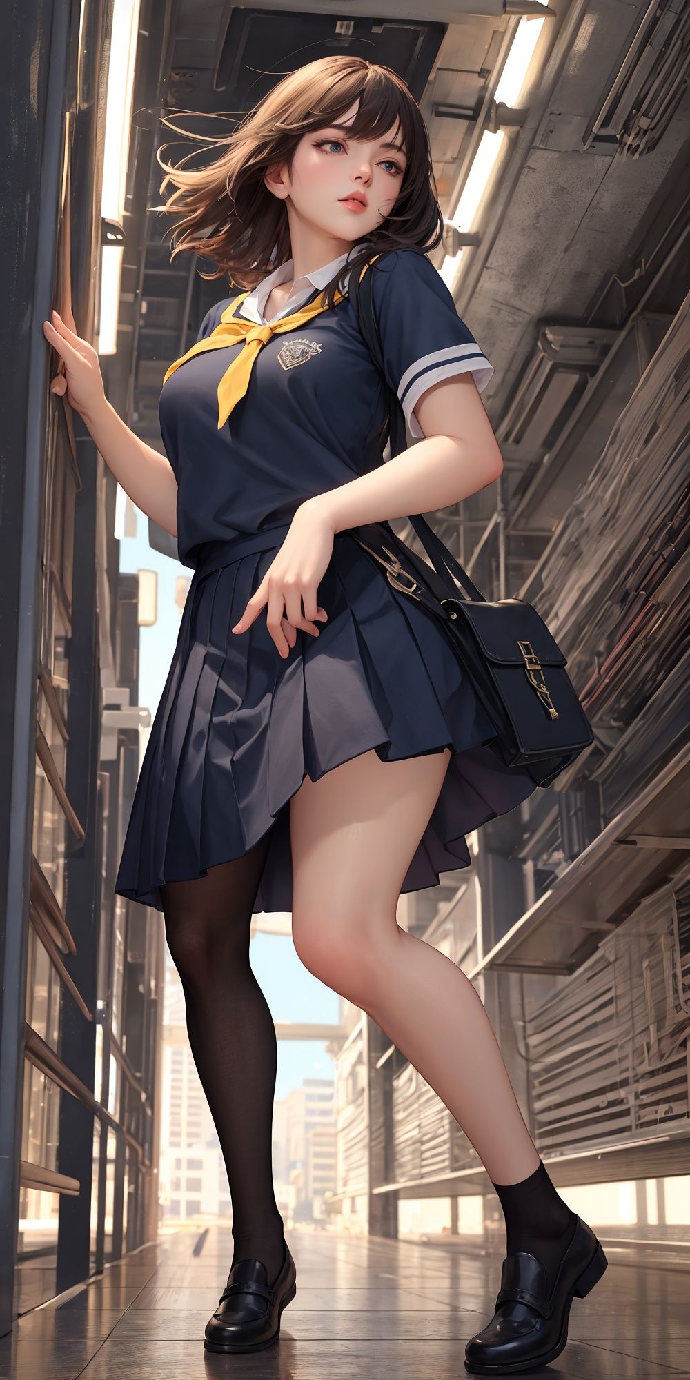 One girl , long legs , look up , epic shot , Fashion style , dynamic pose , realistic style , HD , bright scene , commercial photography ,32k-- ar 5:6,UP SCHOOL UNIFORM