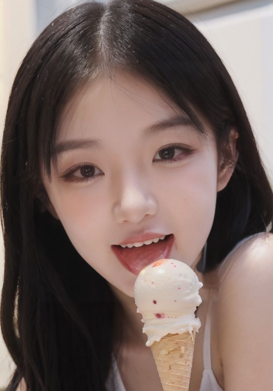 a young girl,(licked ice cream:1.1),happy,long hair,<lora:bql_20230806022258-000006:0.3>,<lora:1aiyaha_20230803184520:0.4>,looking at viewer,tongue,torticollis,