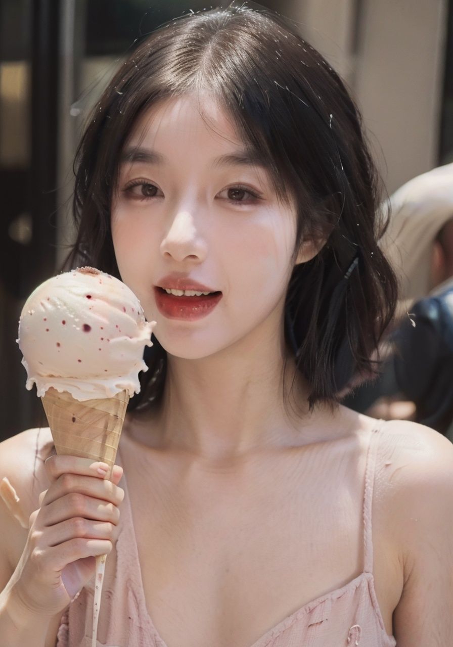 a young girl,(licked ice cream:1.2),happy,long hair,<lora:bql_20230806022258-000006:0.4>,looking at viewer,(torticollis:1.2),solo,upper body,8k,RAW photo,best quality,masterpiece,high detail RAW color photo,professional photograph,(realistic, photorealistic:1.37),high detailed skin,high resolution,( blushing::1.2),<lora:1aiyaha_20230803184520:0.4>,perfect tongue,(half buzzcut hair style:1.3),