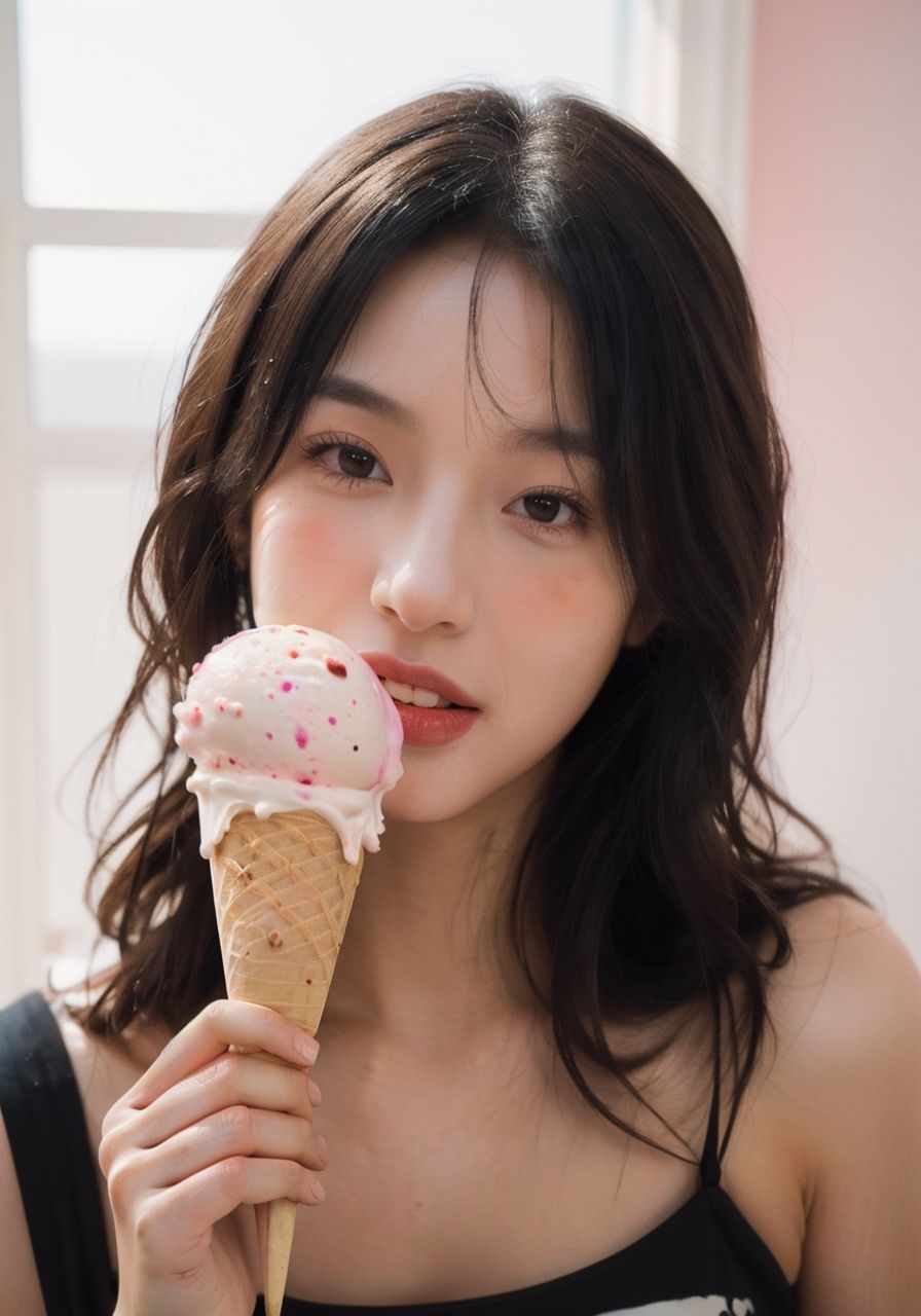 a young girl,(licked ice cream:1.1),happy,long hair,<lora:bql_20230806022258-000006:0.3>,looking at viewer,(torticollis:1.2),solo,upper body,8k,RAW photo,best quality,masterpiece,high detail RAW color photo,professional photograph,(realistic, photorealistic:1.37),high detailed skin,high resolution,distinct image High quality shadow,( blushing::1.2),