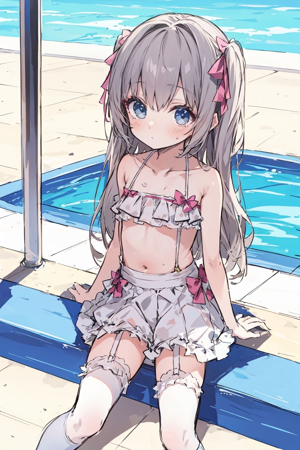 masterpiece, best quality,1loli,  outside,sketch style,colored eyelashes,pink eyelashes,swimsuit, pool,white kneehighs, garter belt, 