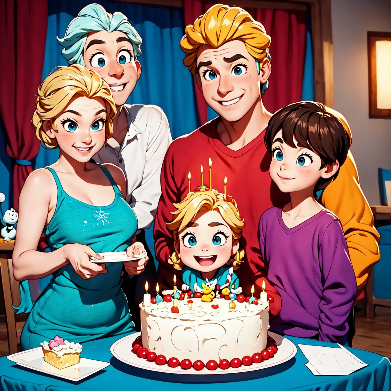 A large happy children's birthday party scene with 4-6 children,  cake,  candles and Elsa from Disney's Frozen standing in...