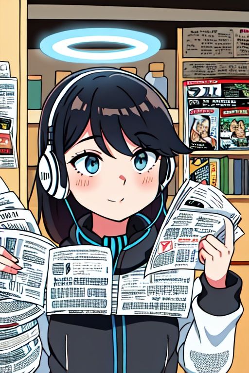 At the center of the frame is a savvy woman listening through headphones,  surrounded by a scatter of newspapers and magaz...
