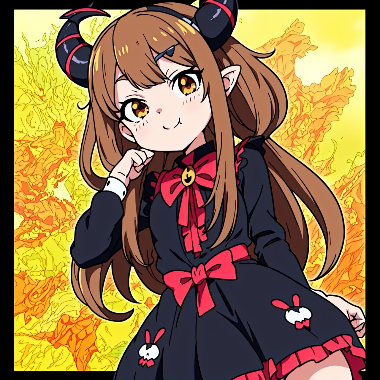 Anime girl with horns and a dress with a skull on it,  ((light brown hair))(loli in dress,  gothic maiden anime girl on Te...