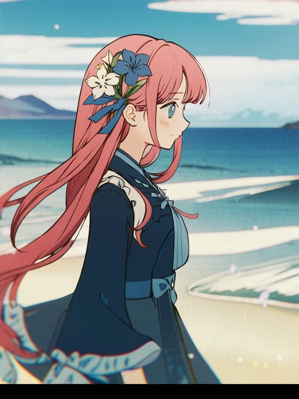 masterpiece, best quality,extremely detailed CG unity 8k wallpaper,Depth of field,cinematic lighting,backlighting, cel shading,anime screencap, long hair,beautiful detailed eyes,1girl,finely detail,(upper body:1.2),pink hair,(blue streaked hair:1.25),blue sky with cloud,sea,(flower near sea:1.5),GI.JP, seductive smile, random pose,solo,looking at viewer,ribbon, standing on beach,near water,blush,blunt bangs, blue water
