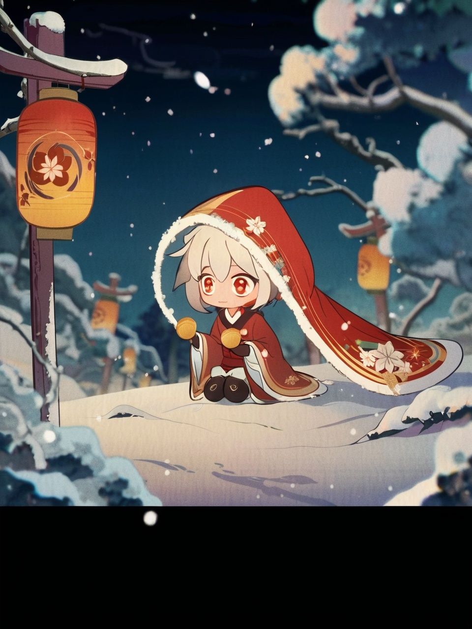 (beautiful detatiled eyes),(1girl:1.4),(((masterpiece))),((( best quality))),(( ultra-detailed)),( illustration),beautiful detailed sky ,night,stars,(((1girlan extremely delicate and beautiful girl))),red eyes,dramatic angle,small breasts,(((full body))),hood,cold face and white shirt,(((long white hair))),(red hair),(red plum blossom),((winter)),(((snowflakesdetailed cute anime face))),cinmatic lighting,((red and white flowers)),hairs between eyes, expressionless, young girl,(((Facing the lens))),(starry sky),((Beautiful face)),((full body)),(sitting),depth_of_field,((colorful)),scenery,hair_flower,lantern,christmas,(starfall),