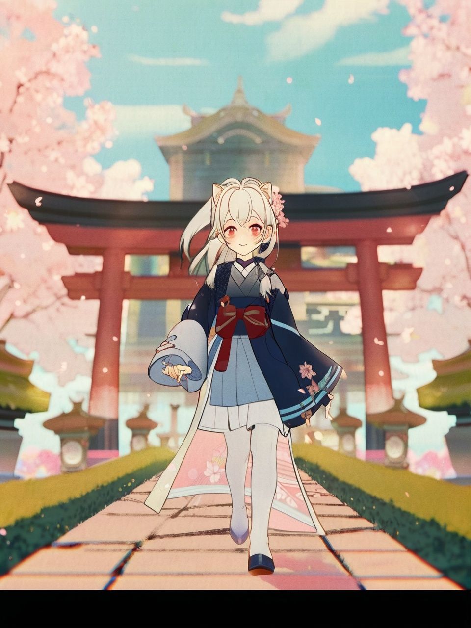 (((masterpiece))),(illustration:1.3),(((best quality))),amazing,detailed unity 8K CG wallpaper,ultra detailed,((1 14_years_old girl:1.1)),((fox girl)),(fox_ears),cowboy shot,long delicate_and_intricate white hair and white marble glowing skin,beautiful pony_tail,beautiful glowing red eyes,delicate_and_intricate face,flowers on face, growth, nature, beautiful face,zoom in on eyes,standing,smile,(shy),(gorgeous [Gothic_Lolita:kimono:0.6] chiya),super detailed clothes,(extremely detailed background),torii,garden,stone brick road,fallen sakura_petals,pink_sakura_trees,spring,detailed sky and cloud,best lighting,sunburst,outline_shadow,incredibly_absurdres