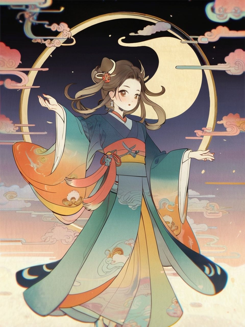 (Masterpiece:1.4),(Illustration:1.2),dynamic angle,floating,(solo),(a girl:1.3),(only girl),(bun hair),(long hair),(Elk antlers:1.3),(deer ear:1.2),(Detailed beautiful face:1.3),(Symmetrical face),(detailed Symmetrical eyes),(detailed beautiful Wide Sleeves hanfu),(Colorful auspicious clouds:1.3),(Colorful), Chinese ink, color ink,((China-Chic Illustration)), Oriental Art, Chinese Painting, ((Chinese fad Illustration))