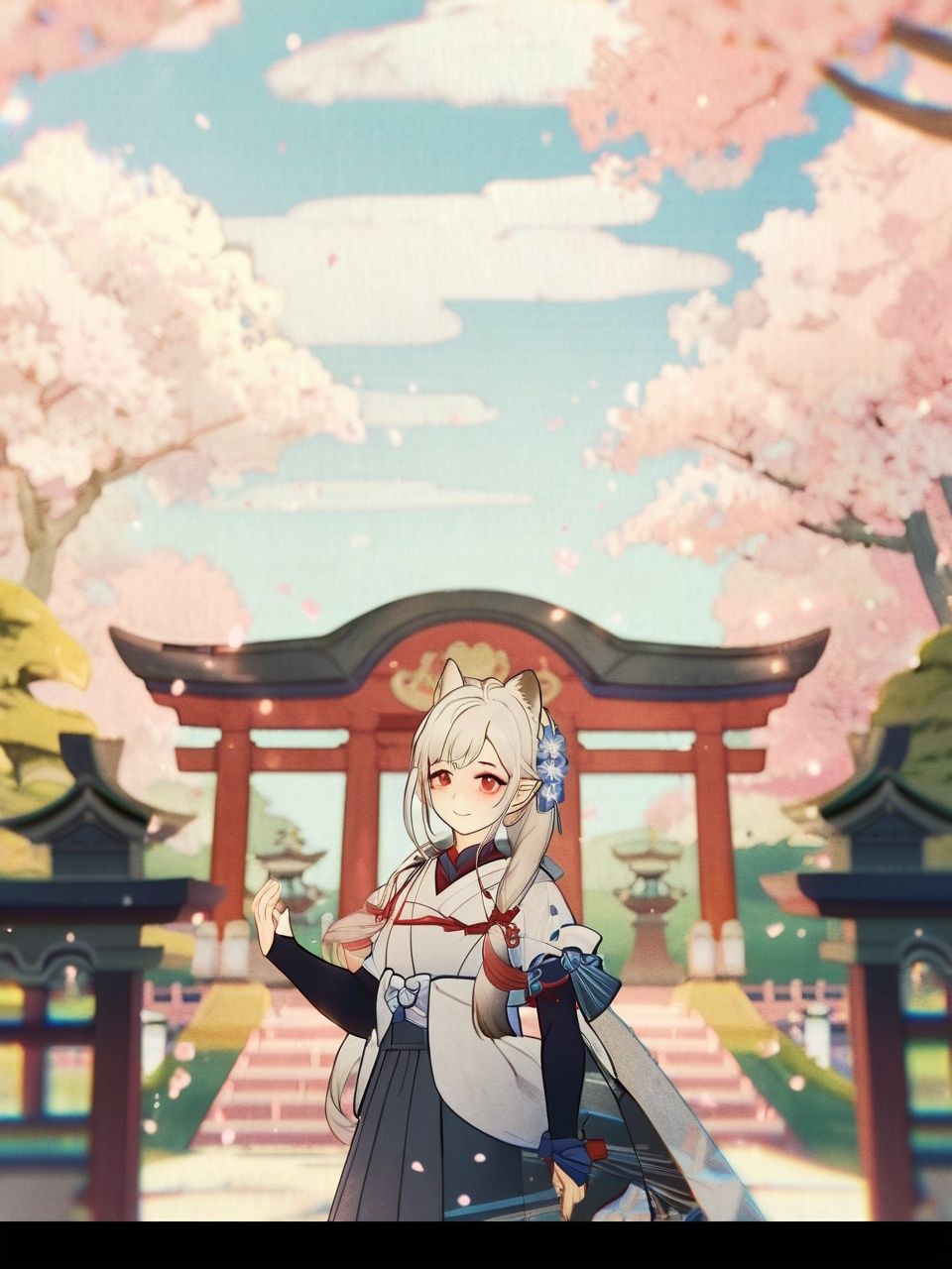 (((masterpiece))),(illustration:1.3),(((best quality))),amazing,detailed unity 8K CG wallpaper,ultra detailed,((1 14_years_old girl:1.1)),((fox girl)),(fox_ears),cowboy shot,long delicate_and_intricate white hair and white marble glowing skin,beautiful pony_tail,beautiful glowing red eyes,delicate_and_intricate face,flowers on face, growth, nature, beautiful face,zoom in on eyes,standing,smile,(shy),(gorgeous [Gothic_Lolita:kimono:0.6] chiya),super detailed clothes,(extremely detailed background),torii,garden,stone brick road,fallen sakura_petals,pink_sakura_trees,spring,detailed sky and cloud,best lighting,sunburst,outline_shadow,incredibly_absurdres