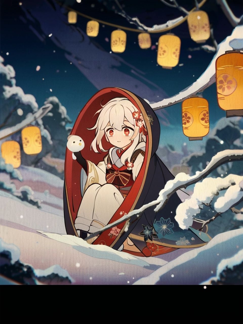 (beautiful detatiled eyes),(1girl:1.4),(((masterpiece))),((( best quality))),(( ultra-detailed)),( illustration),beautiful detailed sky ,night,stars,(((1girlan extremely delicate and beautiful girl))),red eyes,dramatic angle,small breasts,(((full body))),hood,cold face and white shirt,(((long white hair))),(red hair),(red plum blossom),((winter)),(((snowflakesdetailed cute anime face))),cinmatic lighting,((red and white flowers)),hairs between eyes, expressionless, young girl,(((Facing the lens))),(starry sky),((Beautiful face)),((full body)),(sitting),depth_of_field,((colorful)),scenery,hair_flower,lantern,christmas,(starfall),