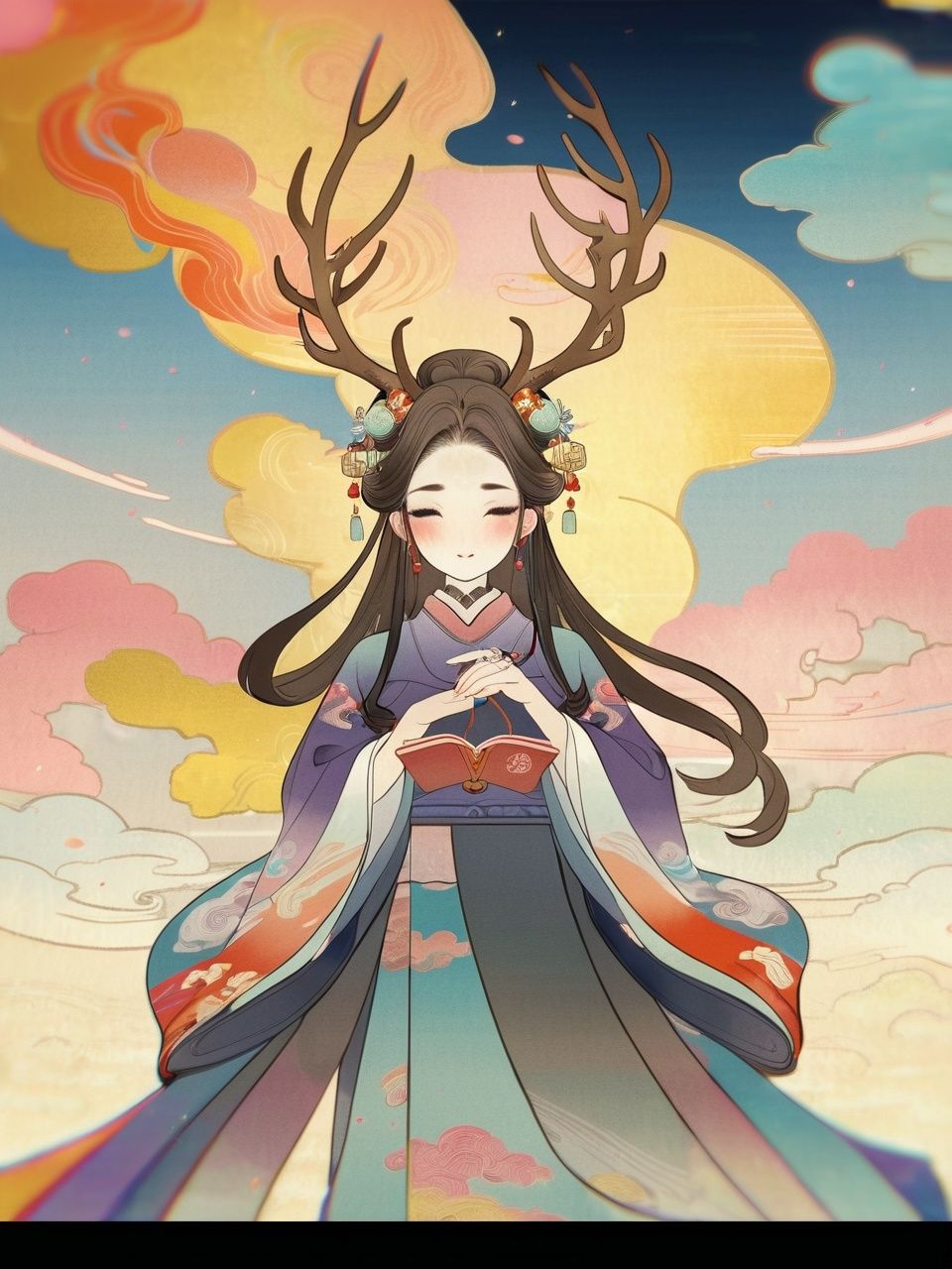 (Masterpiece:1.4),(Illustration:1.2),dynamic angle,floating,(solo),(a girl:1.3),(only girl),(bun hair),(long hair),(Elk antlers:1.3),(deer ear:1.2),(Detailed beautiful face:1.3),(Symmetrical face),(detailed Symmetrical eyes),(detailed beautiful Wide Sleeves hanfu),(Colorful auspicious clouds:1.3),(Colorful), Chinese ink, color ink,((China-Chic Illustration)), Oriental Art, Chinese Painting, ((Chinese fad Illustration))